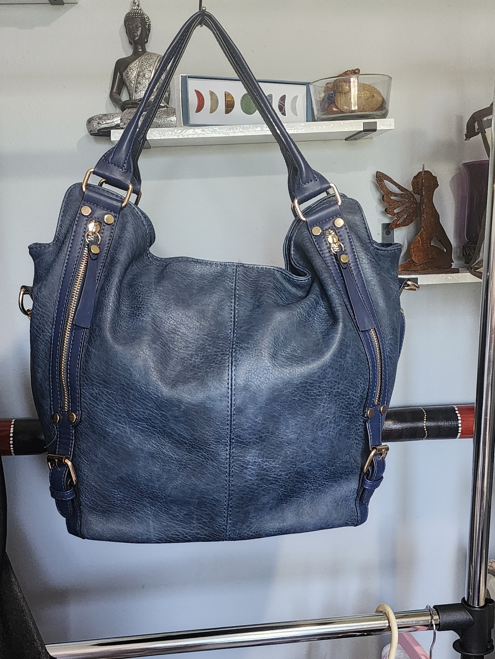 Classic Navy Leather Tote Bag with Detachable Strap 17x11